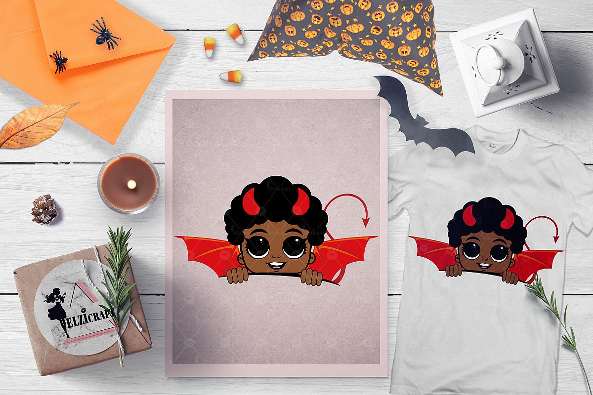 Halloween Afro Peeking Little Devil Boy SVG Cut File example image 1