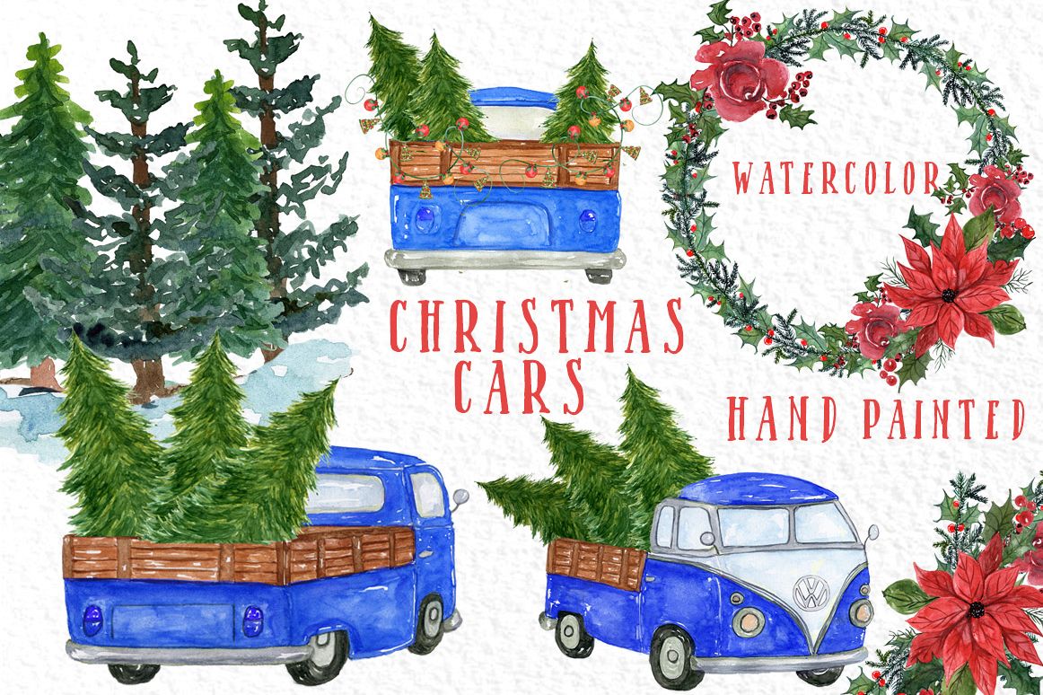 Watercolor Christmas Trucks clipart example image 1