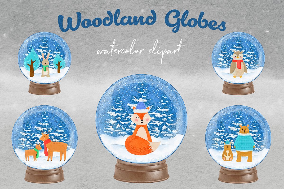Watercolor Woodland Snow Globes, Woodland Animal Clipart example image 1