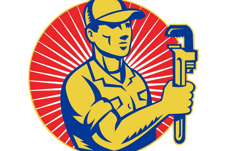 Plumber holding monkey wrench retro example image 1