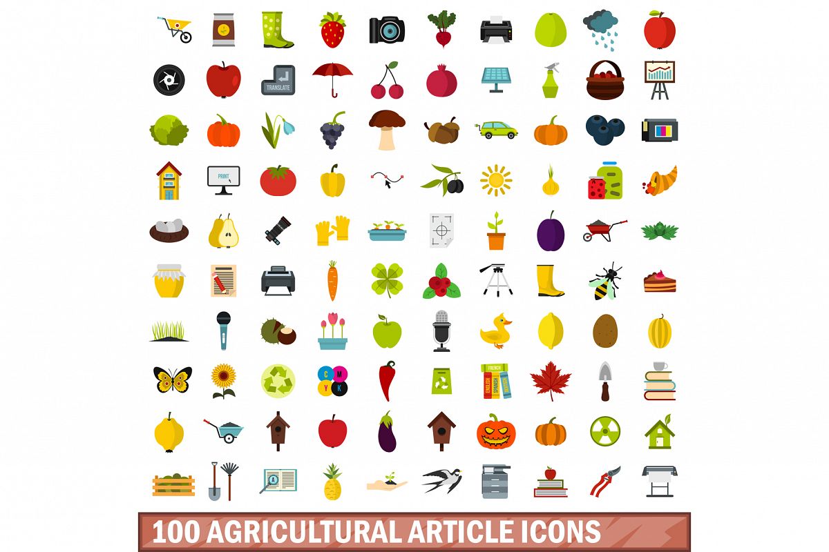 100 agricultural article icons set, flat style example image 1