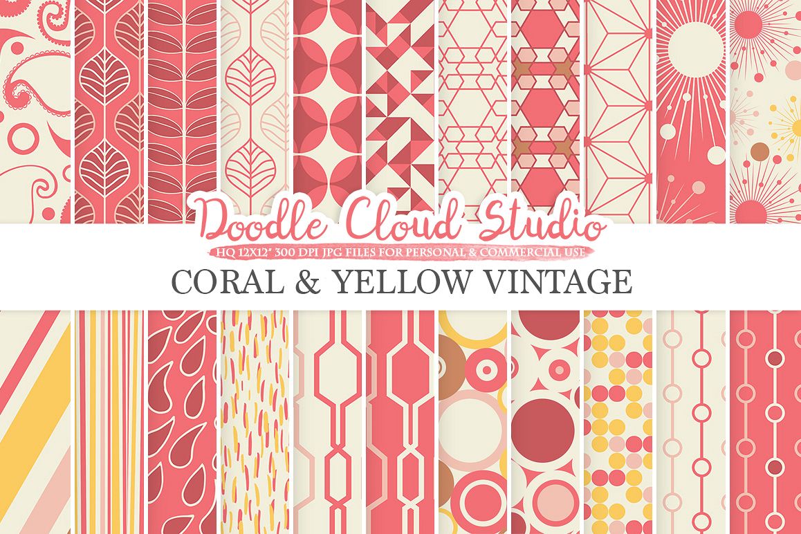 Coral and Yellow Retro digital paper Geometric Vintage patterns Coral Pink Yellow Brown digital backgrounds for Personal & Commercial Use example image 1