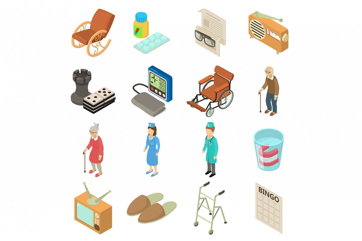 Nursing home icons set, isometric style example image 1