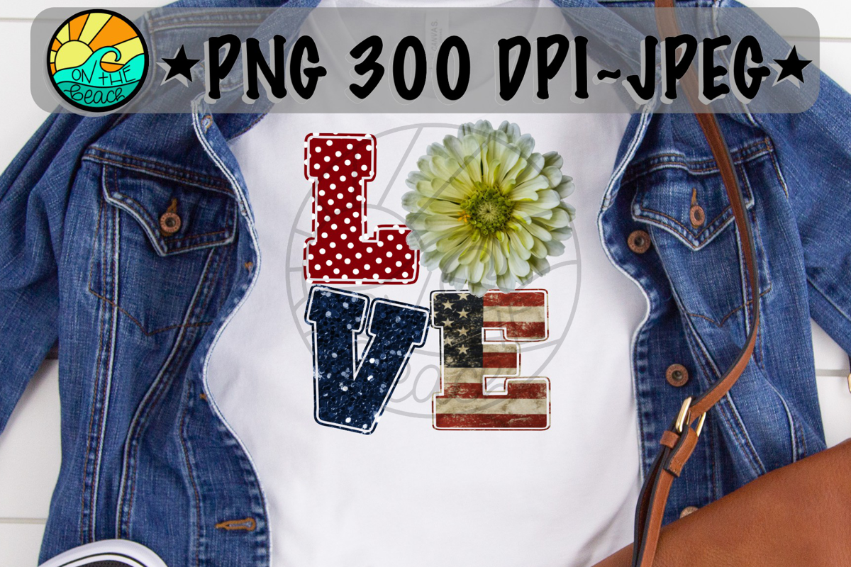 LOVE - Flower- Red White Blue - Glitter- PNG 300 DPI example image 1