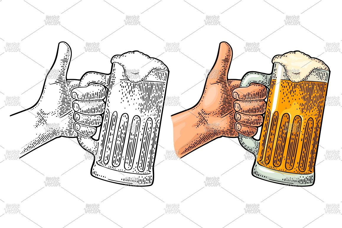 Male hand hold beer glass showing symbol Like Engraving example image 1
