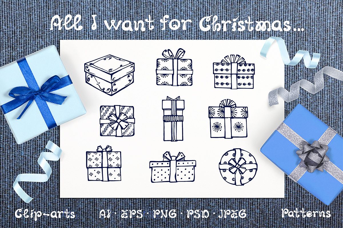 Hand drawn Christmas gift boxes, seamless patterns and cards example image 1