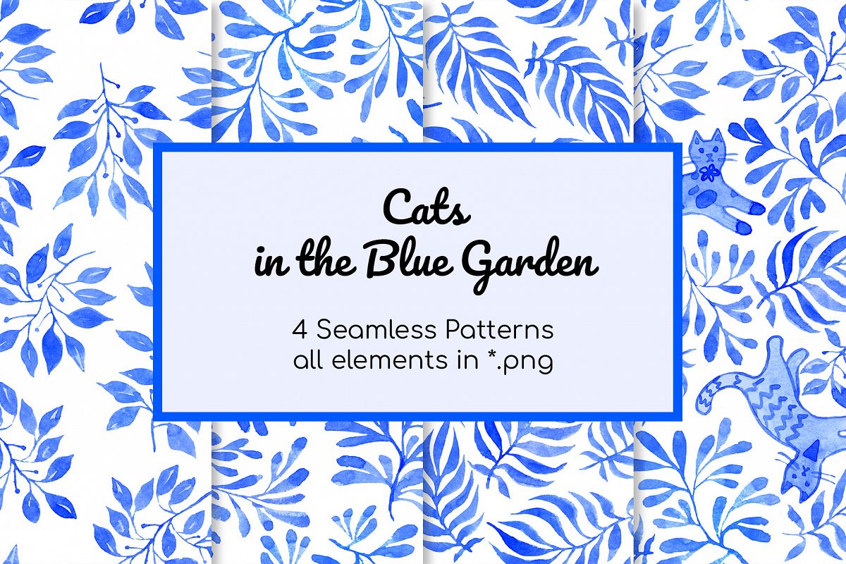Cats in Blue Garden Patterns and elements watercolor set example image 1