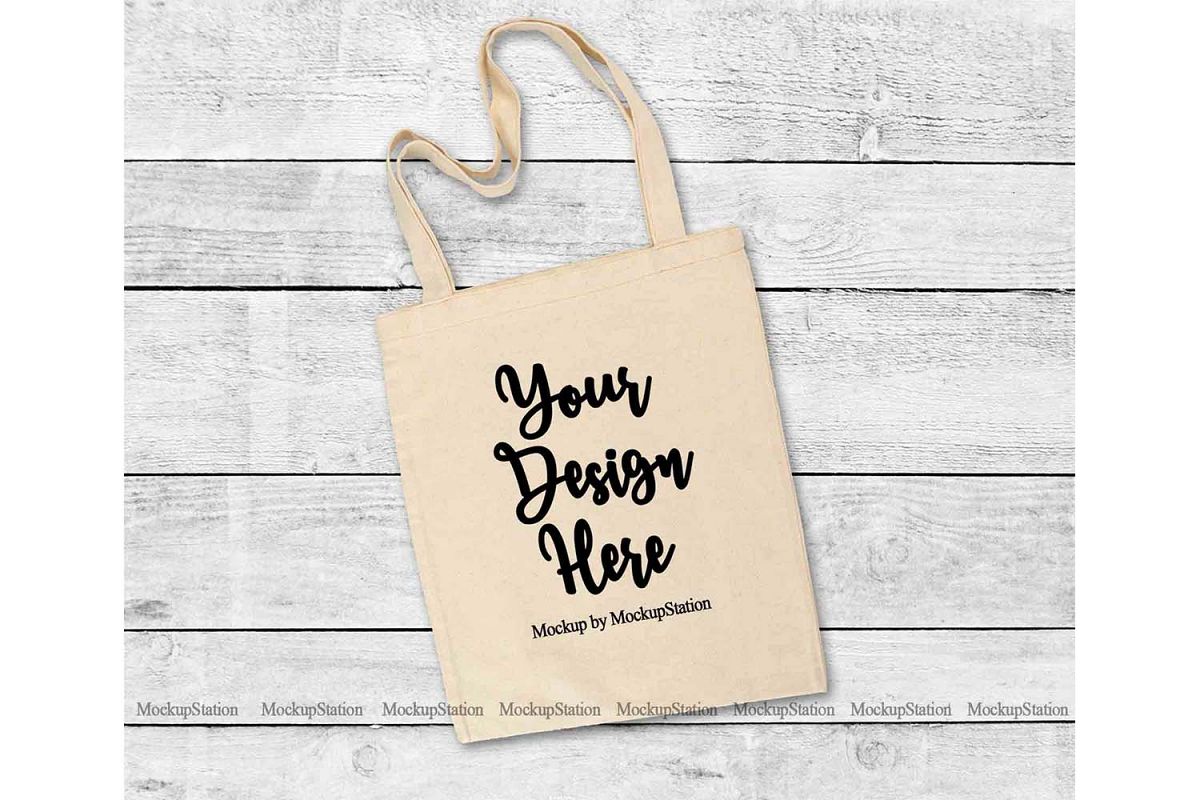Natural Tote Bag Mockup, Beige Grocery Bag Flat Lay Mock Up example image 1