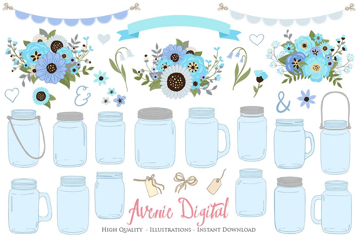 Blue and Gray Floral Mason Jar Wedding Clipart example image 1