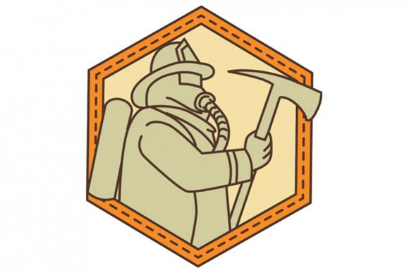 Fireman Holding Fire Axe Shield Mono Line example image 1