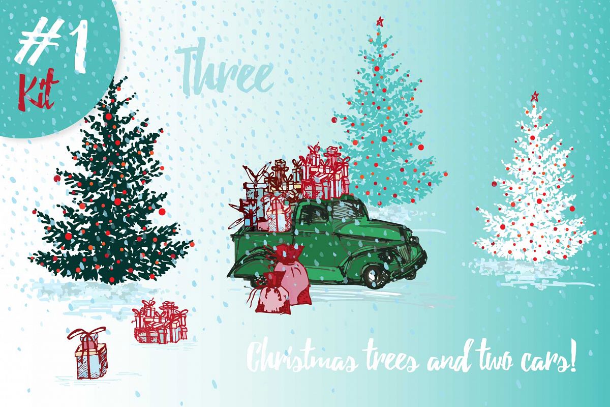 Hand drawn sketch Christmas tree and holiday cars example image 1
