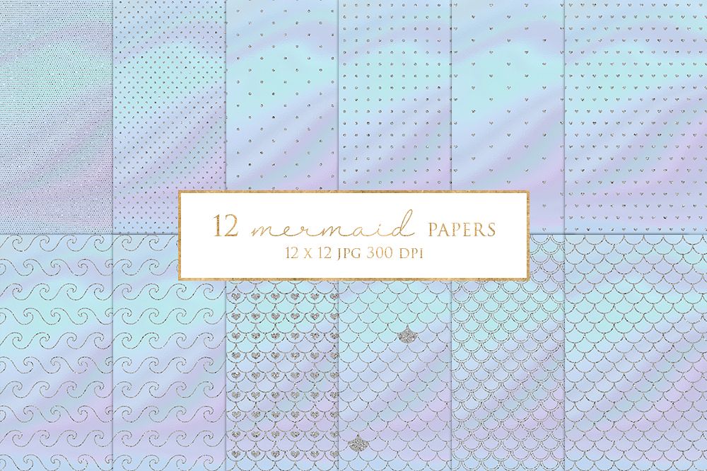 12 Silver Glitter Mermaid Digital Paper Pack example image 1