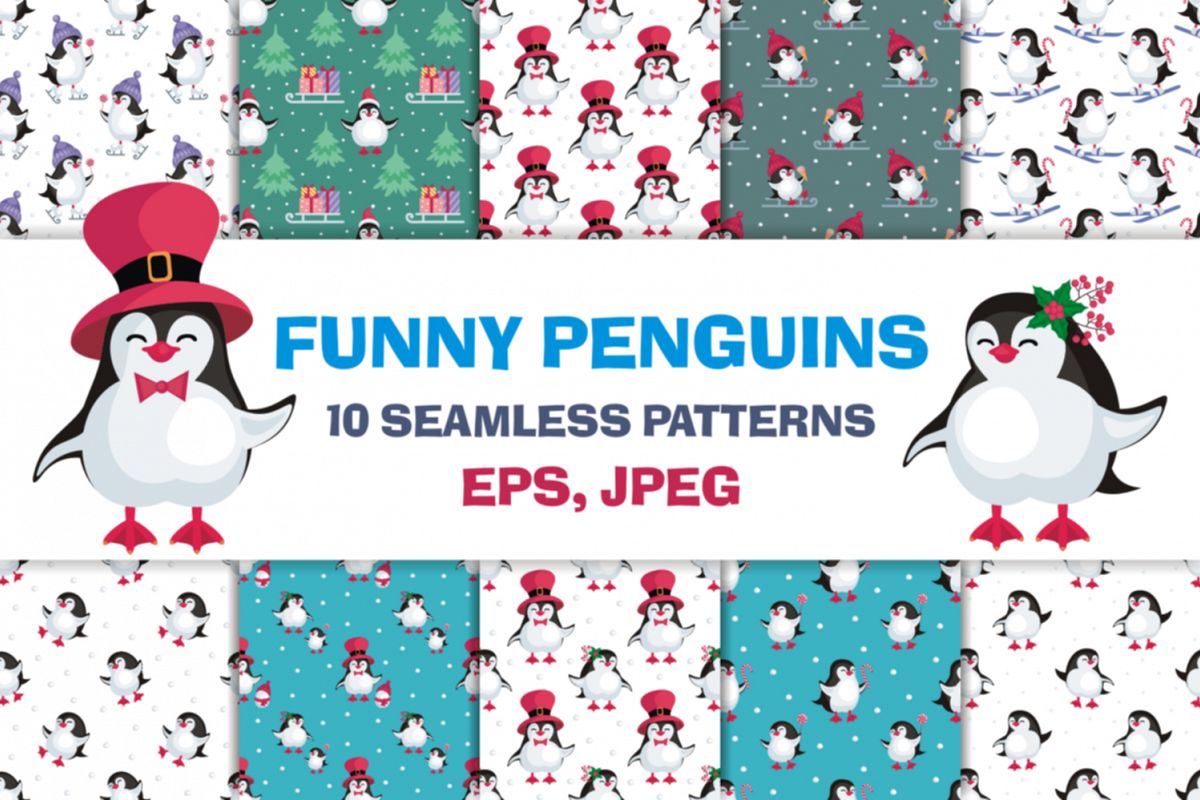 Funny penguins. Christmas seamless patterns example image 1