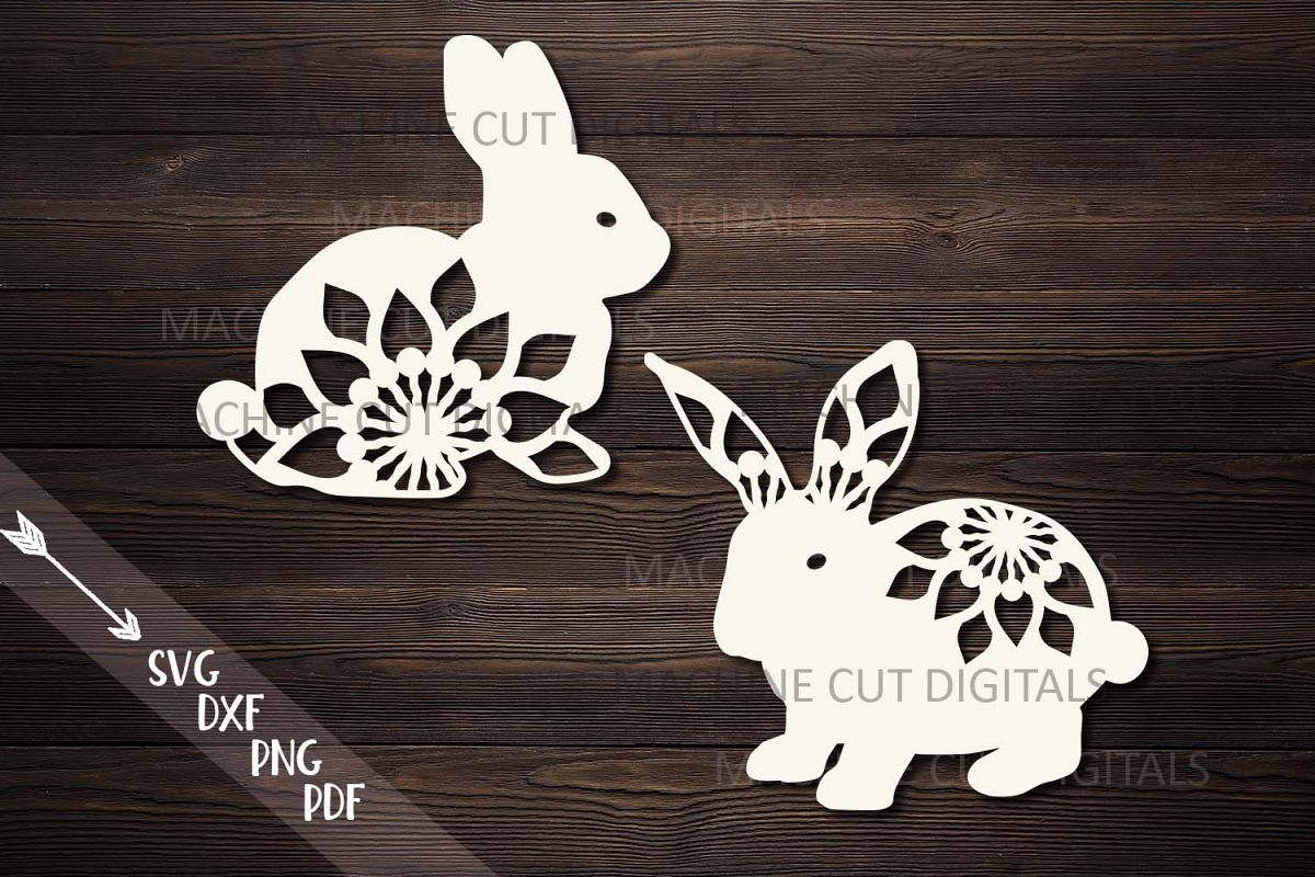 Floral Easter Bunnies set paper cut laser cut svg dxf files example image 1