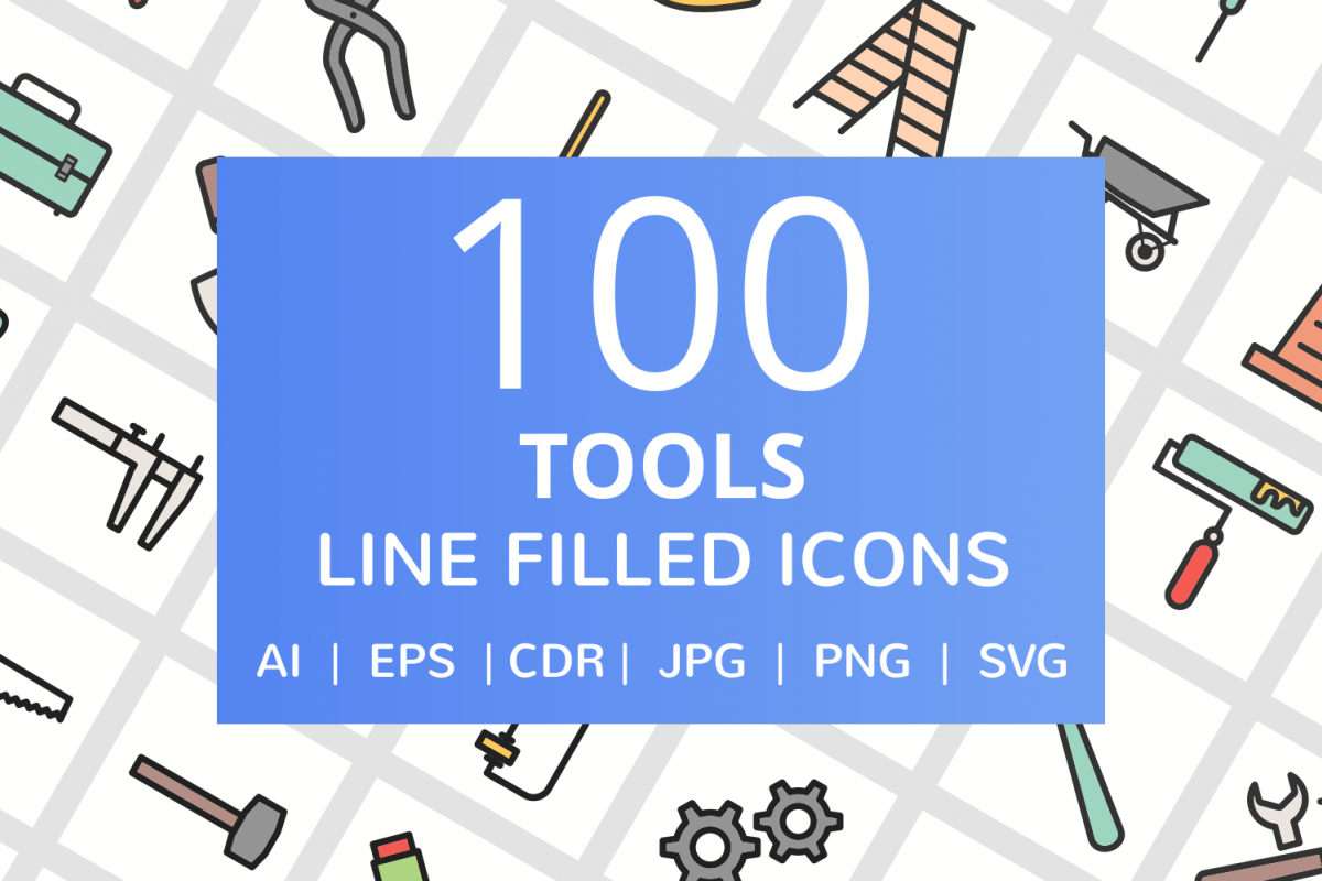 100 Tools Filled Line Icons example image 1