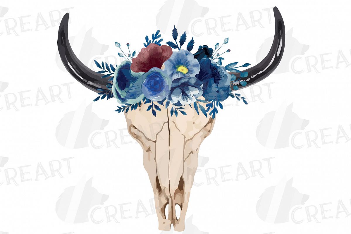 Navy blue watercolor floral bull skull clipart, tribal decor example image 1