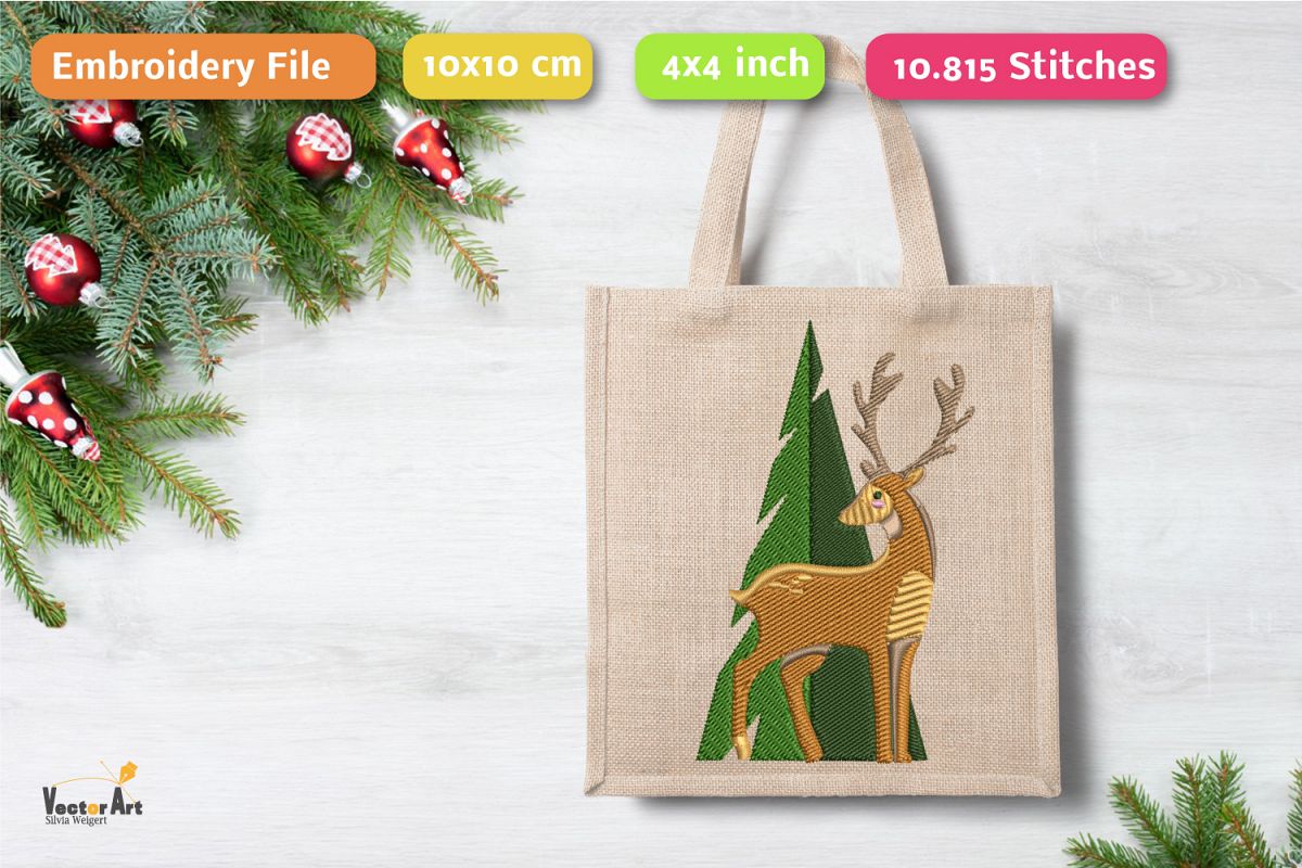 Deer with tree - Embroidery File - 4x4 inch example image 1