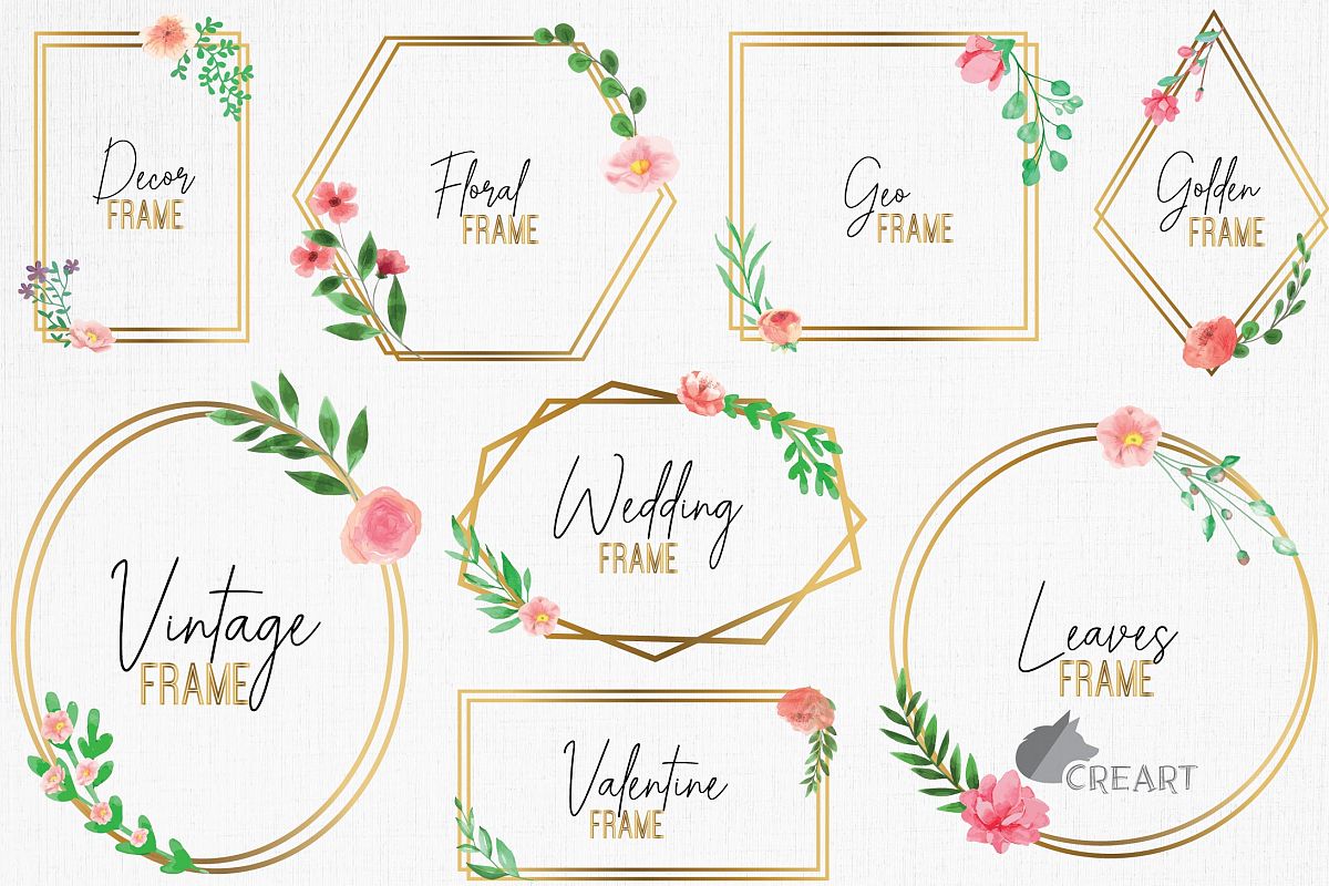 Golden Floral Frames Clip Art. Wedding geometric borders png example image 1