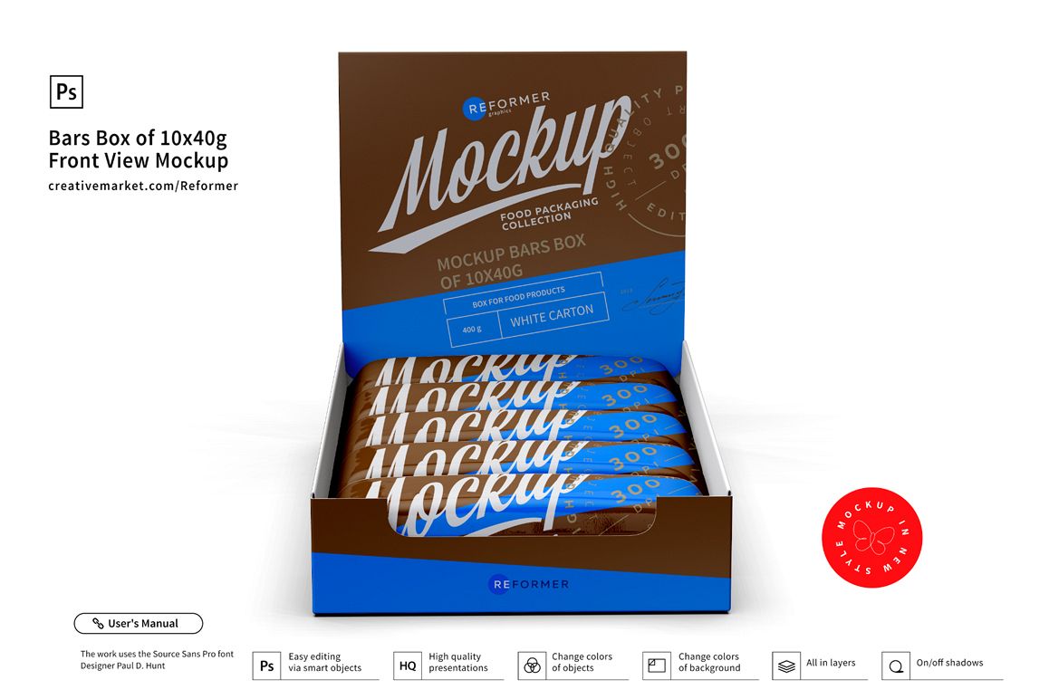 Bars Box of 10x40g Front View Mockup example image 1