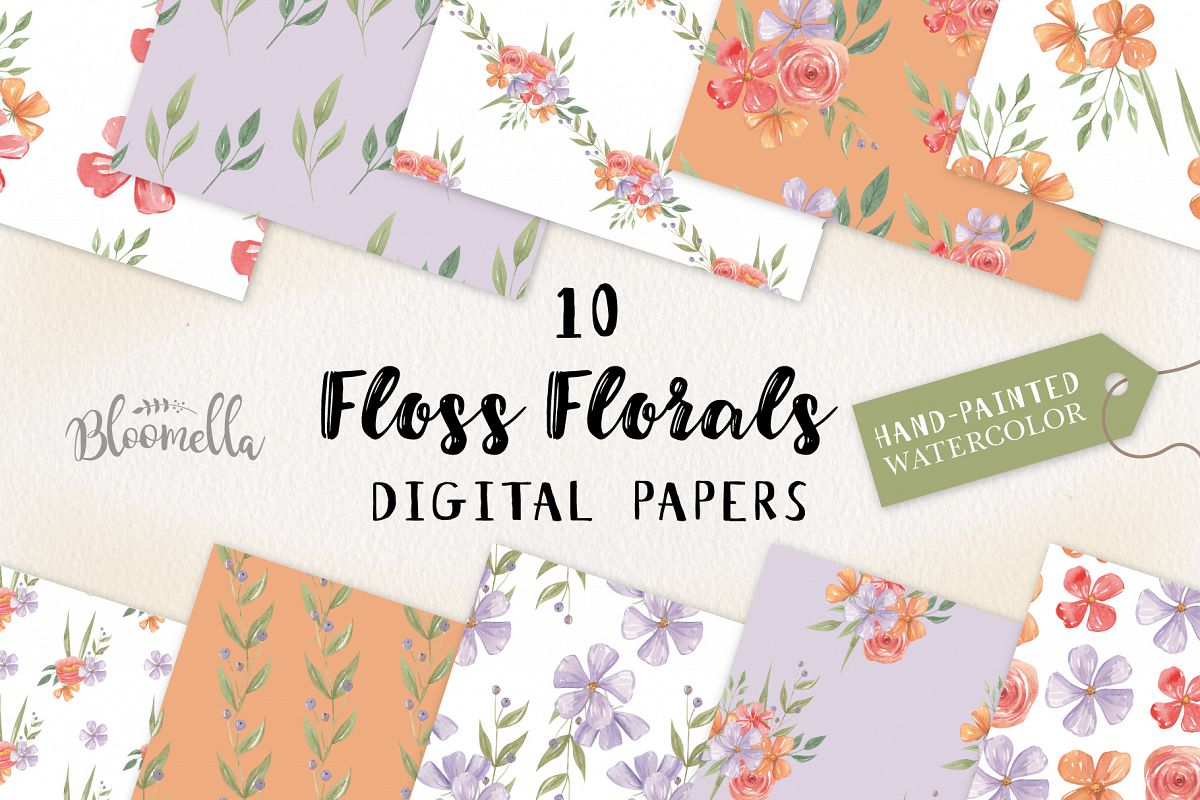 Floss Florals 10 Seamless Patterns Digital Papers Pretty example image 1
