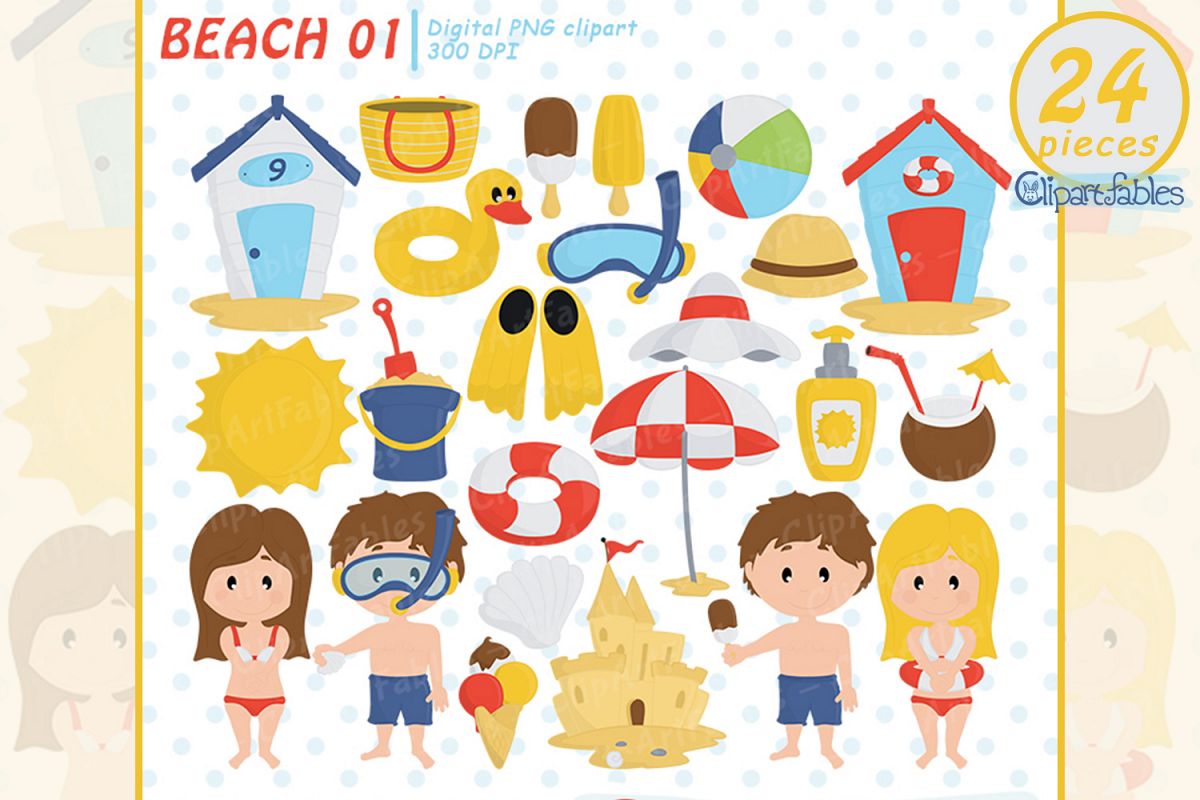 Summer beach clipart, beach fun time, Kids at the Beach