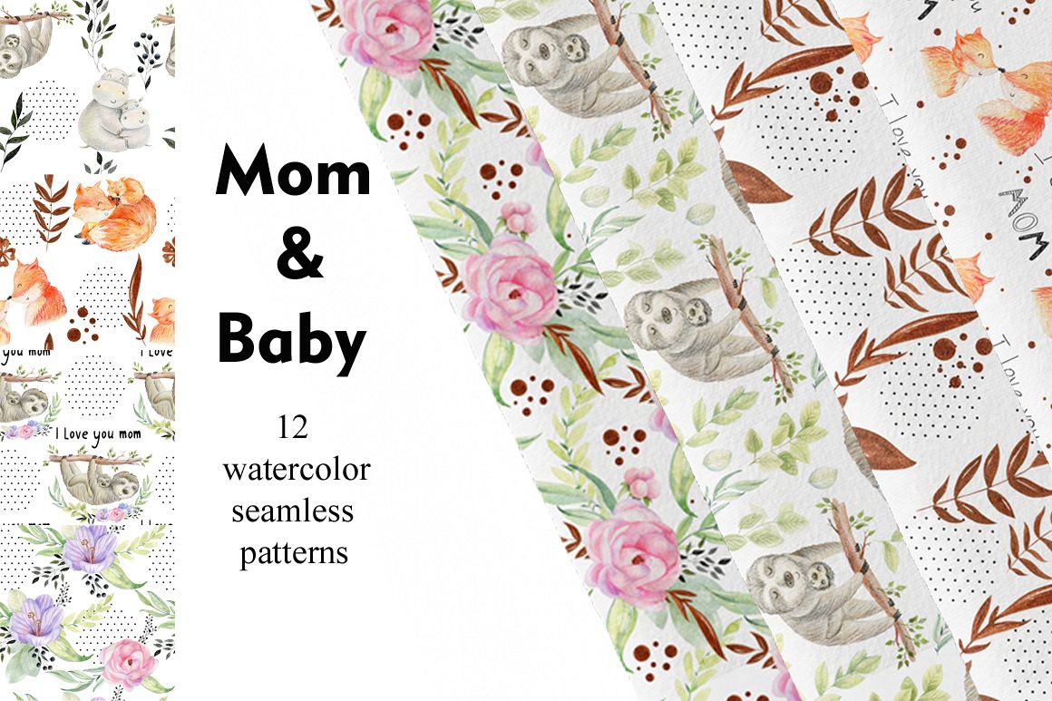 Mom and Baby. Watercolor seamless patterns. example image 1