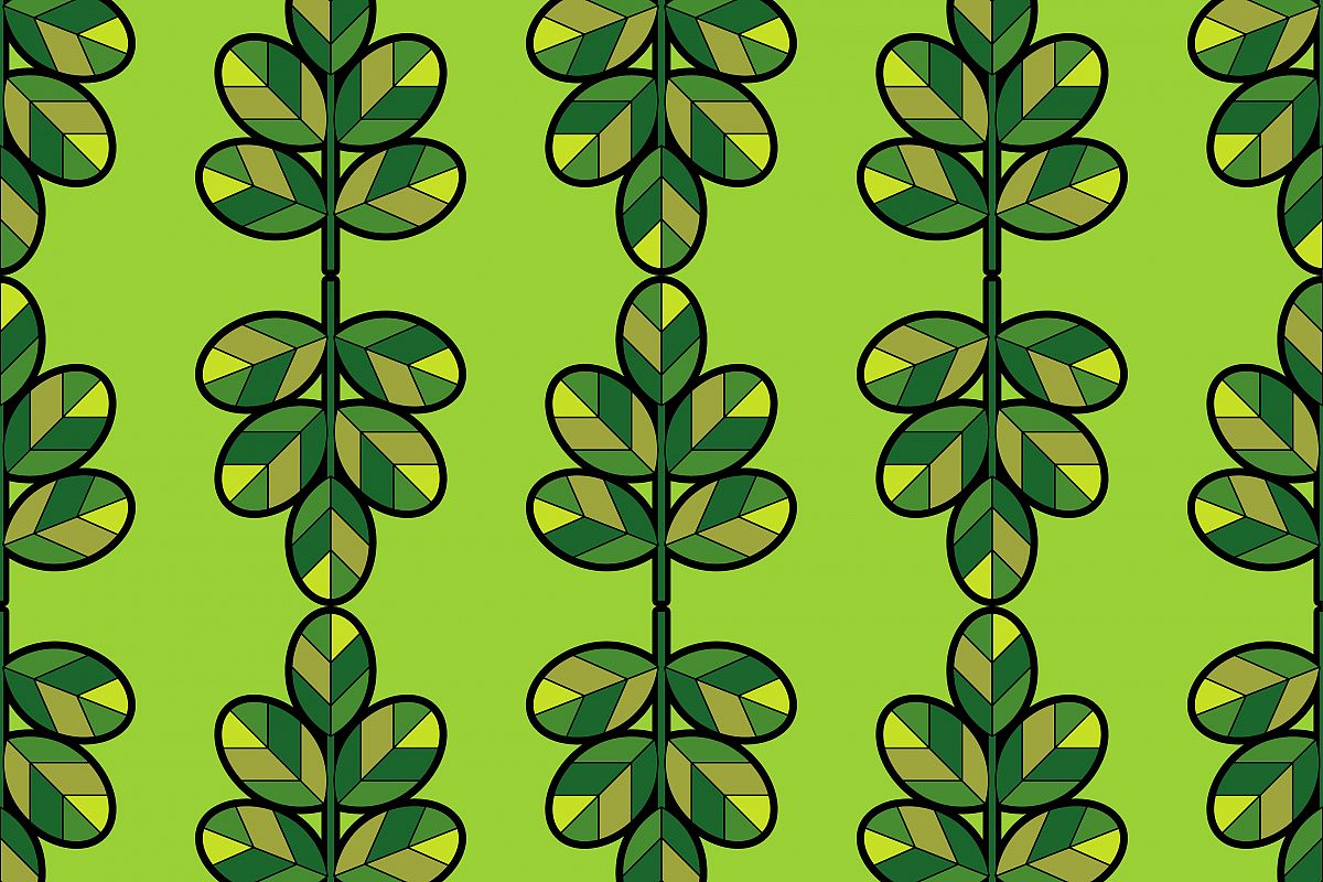 Seamless background with decorative green leaves with a black outline on a green background. Vector illustration. Flat design. example image 1