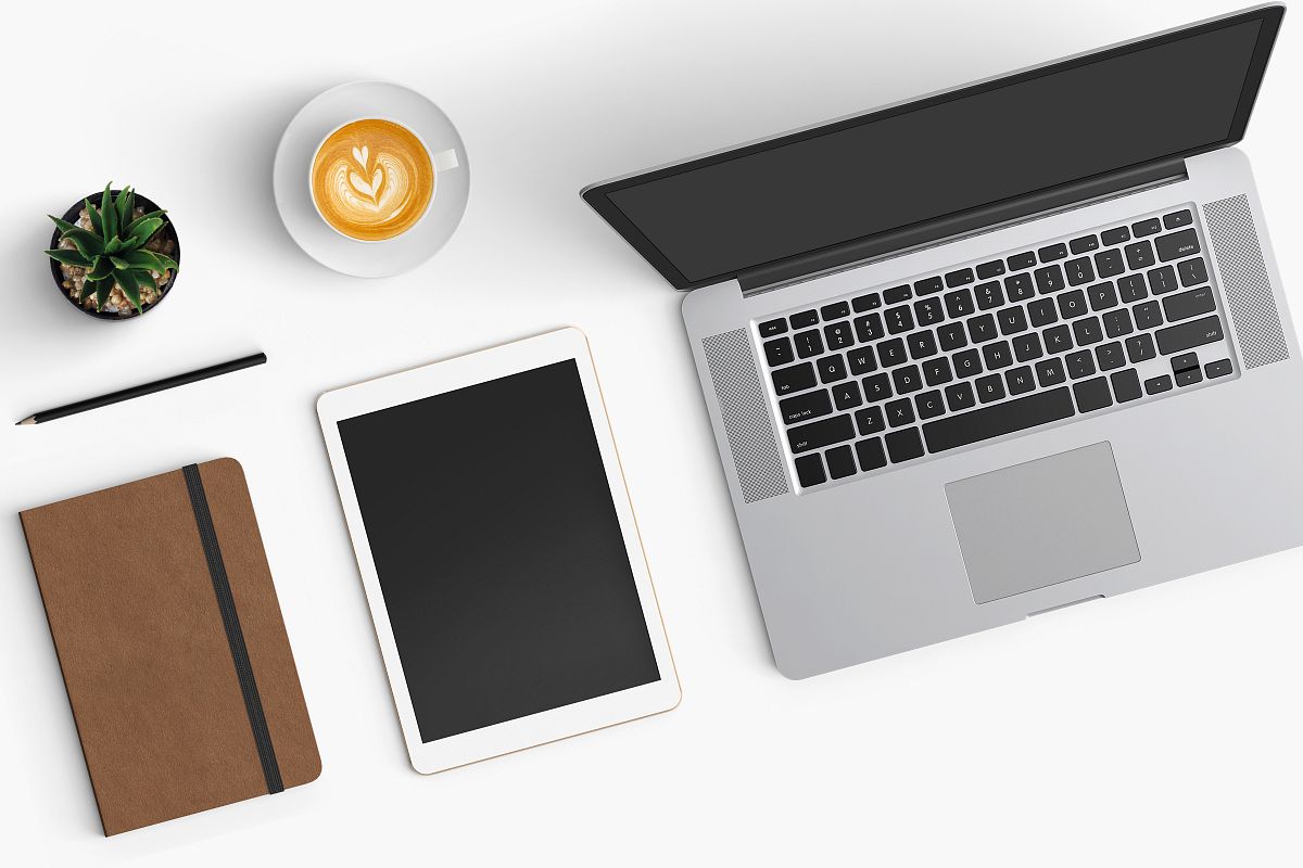 Modern workplace. Top view. Flat lay style. 4 example image 1