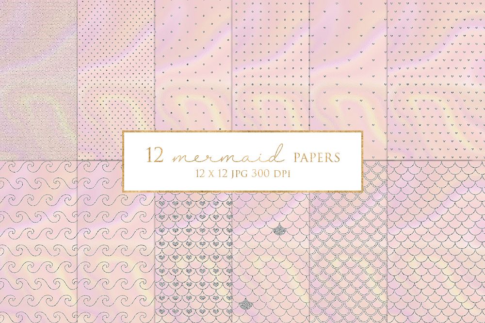 12 Silver Glitter Mermaid Digital Paper Pack example image 1