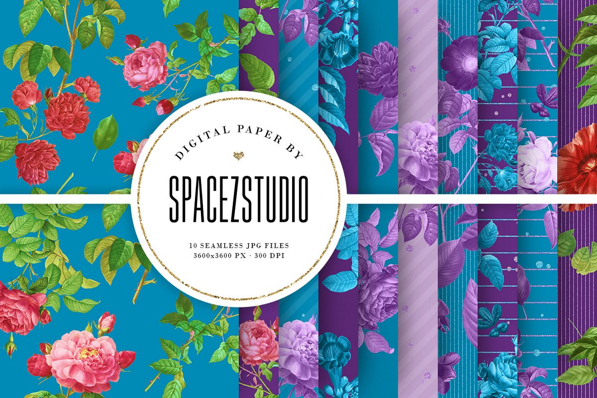 Blue & Purple Tileable Backgrounds With Flower Illustrations example image 1