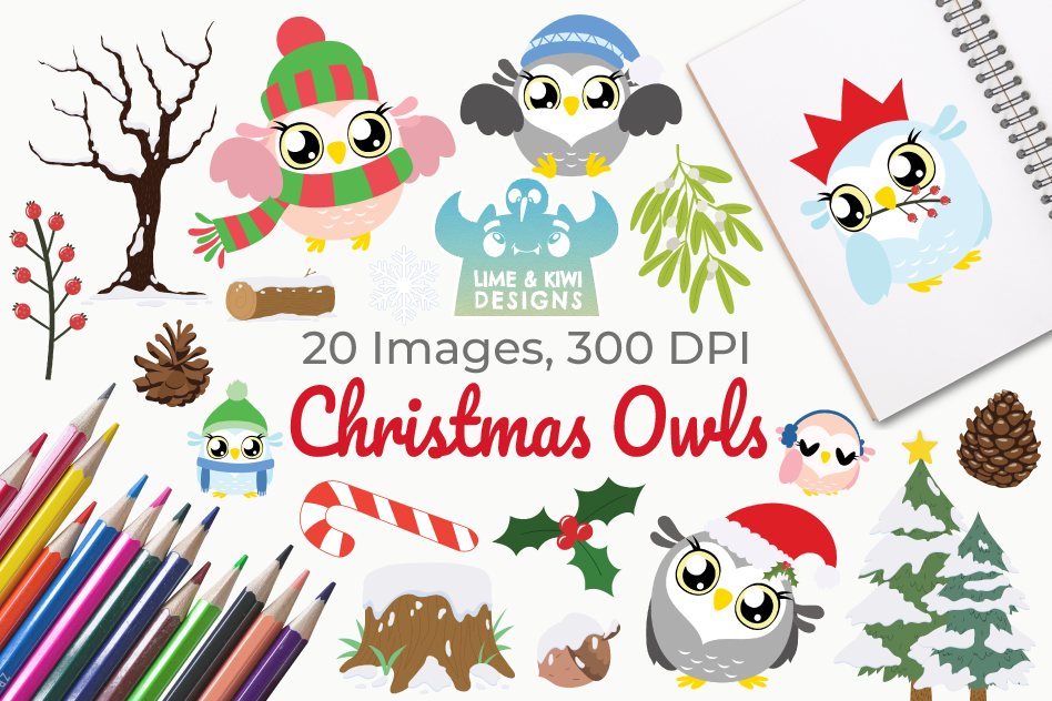 Christmas Owls Clipart, Instant Download Vector Art example image 1