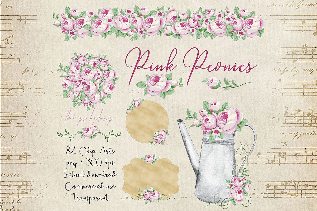 82 Romantic Pink Peony Clip Art Peony Border Bouquet Garden example image 1