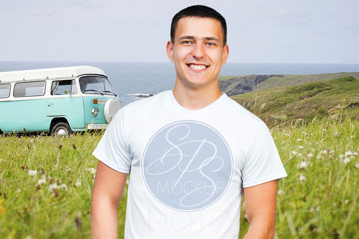 Mens tShirt Mockup with Hippy Bus example image 1