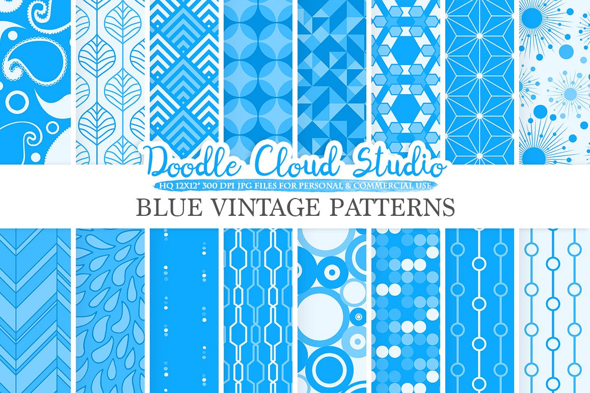 Blue Retro digital paper, Geometric Vintage patterns, Blue digital backgrounds, Instant Download, for Personal & Commercial Use example image 1