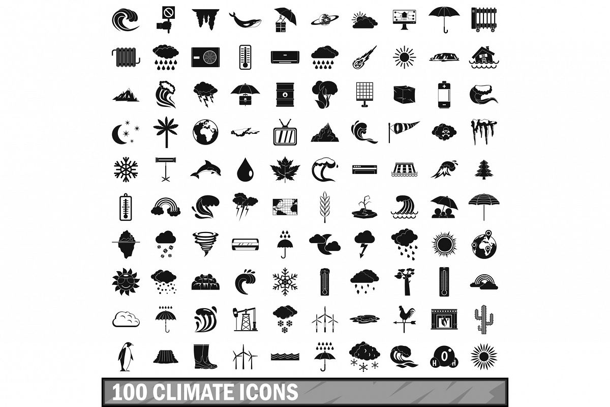 100 climate icons set, simple style example image 1