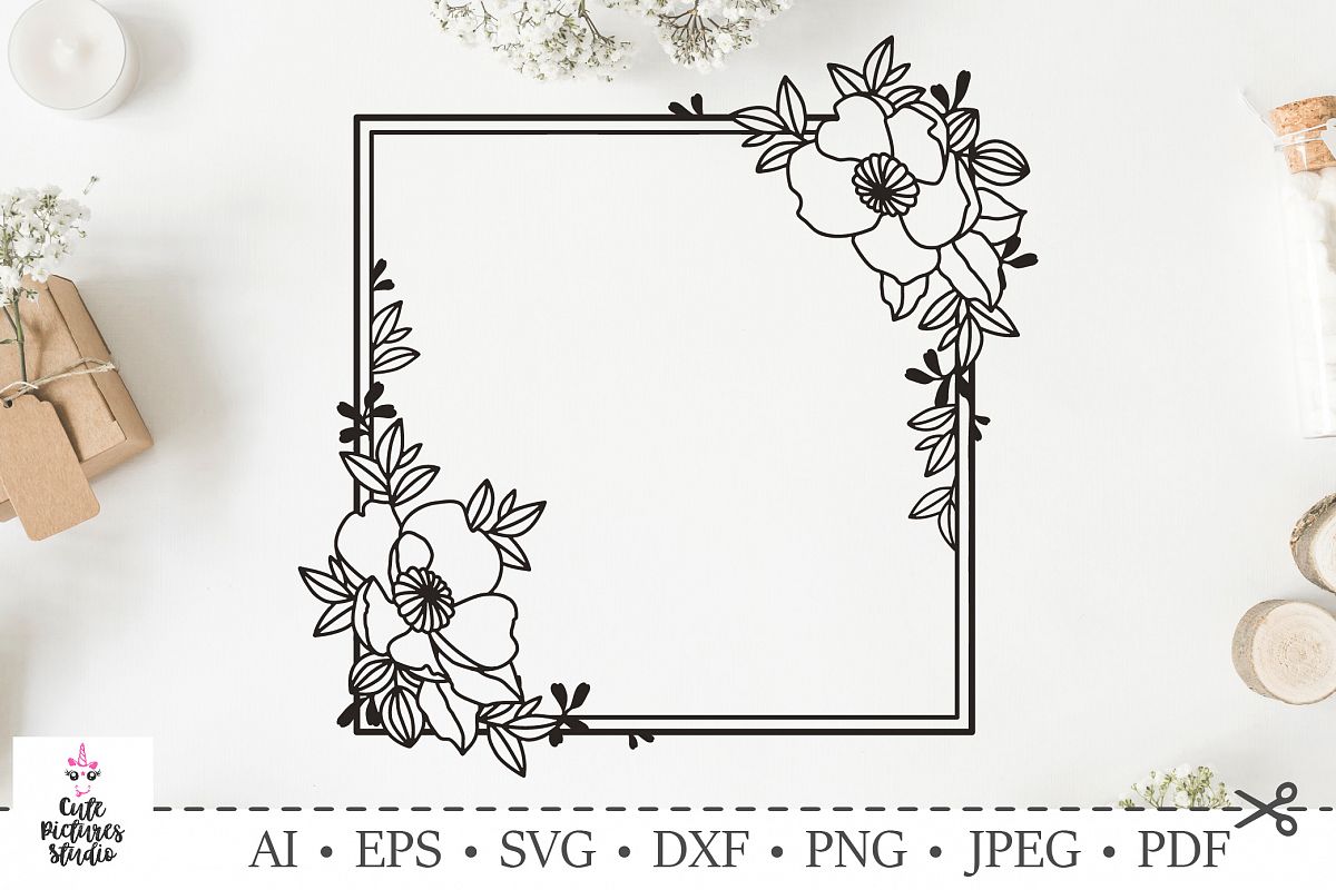 Square frame with flowers.Wedding monogram. SVG DXF cut file