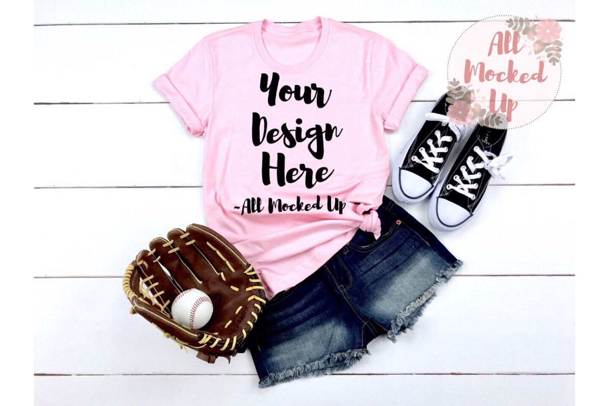 Bella Canvas 3001 PINK Shirt Mock Up - Baseball Theme 3/19 example image 1