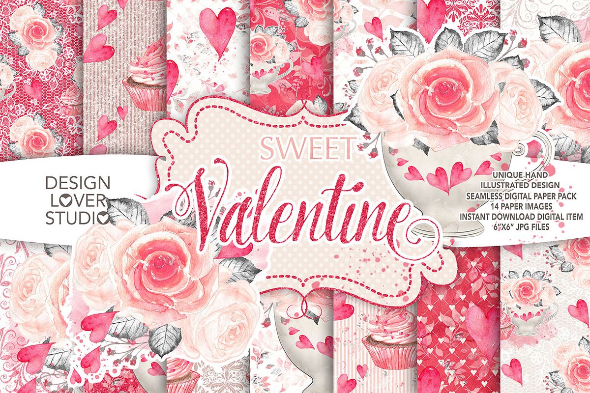 Watercolor Sweet Valentine digital paper pack 2 example image 1