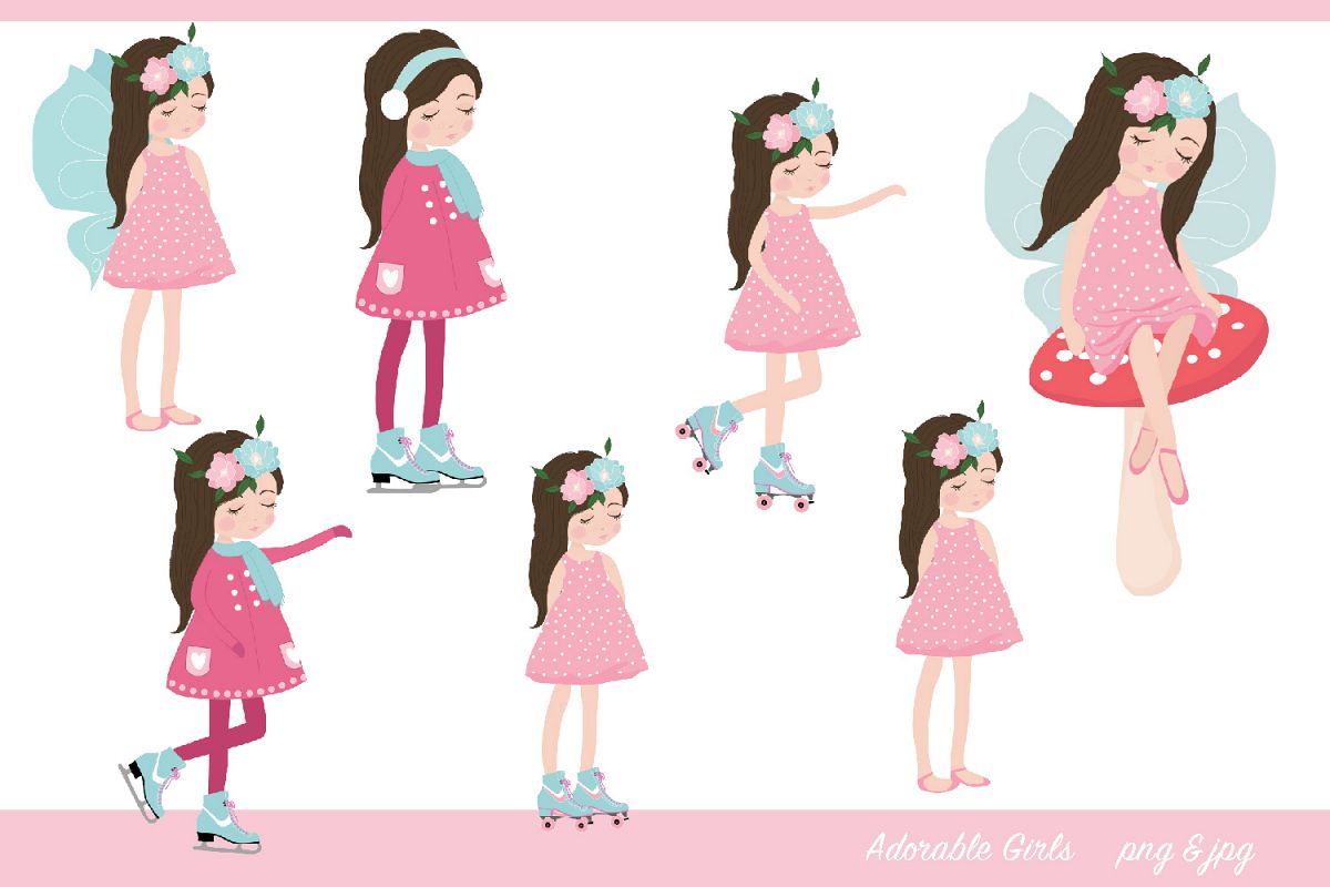 Adorable Girls Clipart-, roller skating, fairy, ice skating example image 1