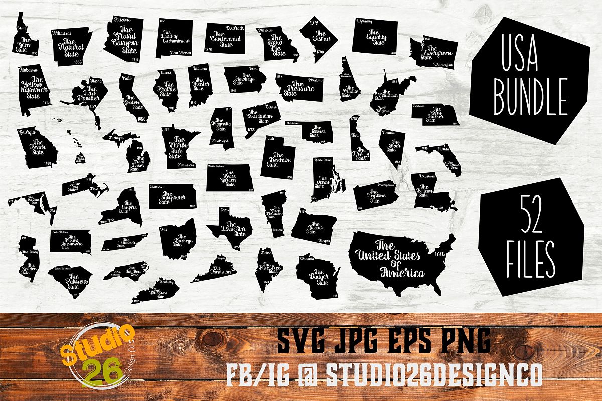 USA Bundle - State Nickname & EST Year - 52 Files - SVG PNG example image 1