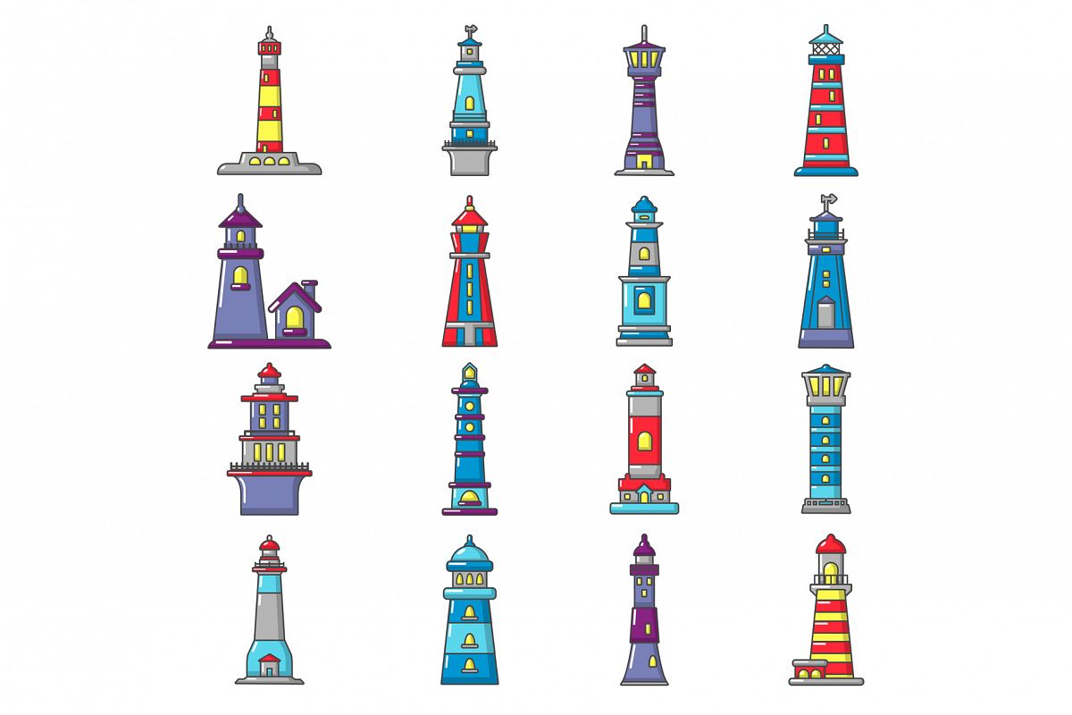 Lighthouse icons set, cartoon style example image 1