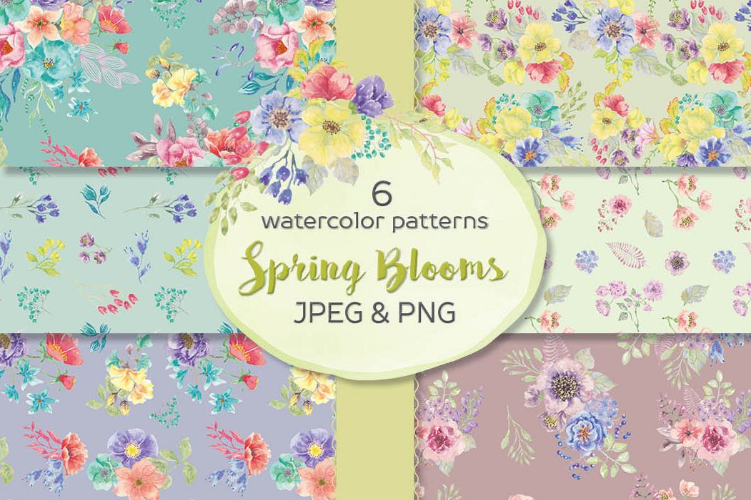 6 watercolor patterns: 'Spring Blooms' example image 1