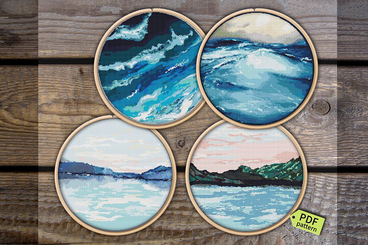 Cross stitch Fox Pattern Pdf, Blue ocean wave cross stitch example image 1