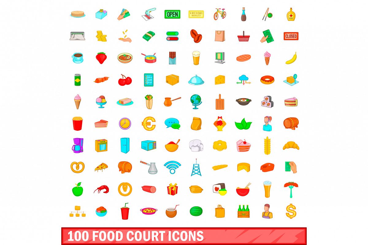 100 food court icons set, cartoon style example image 1