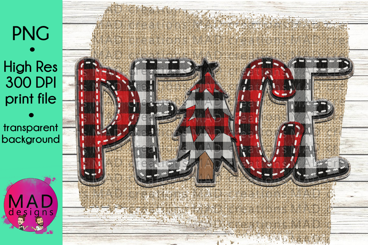 Peace - Winter Christmas Tree - Buffalo Plaid with Burlap example image 1