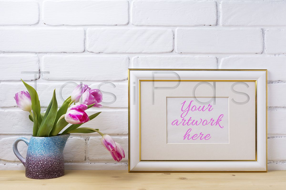 Gold decorated landscape frame mockup with magenta tulips example image 1