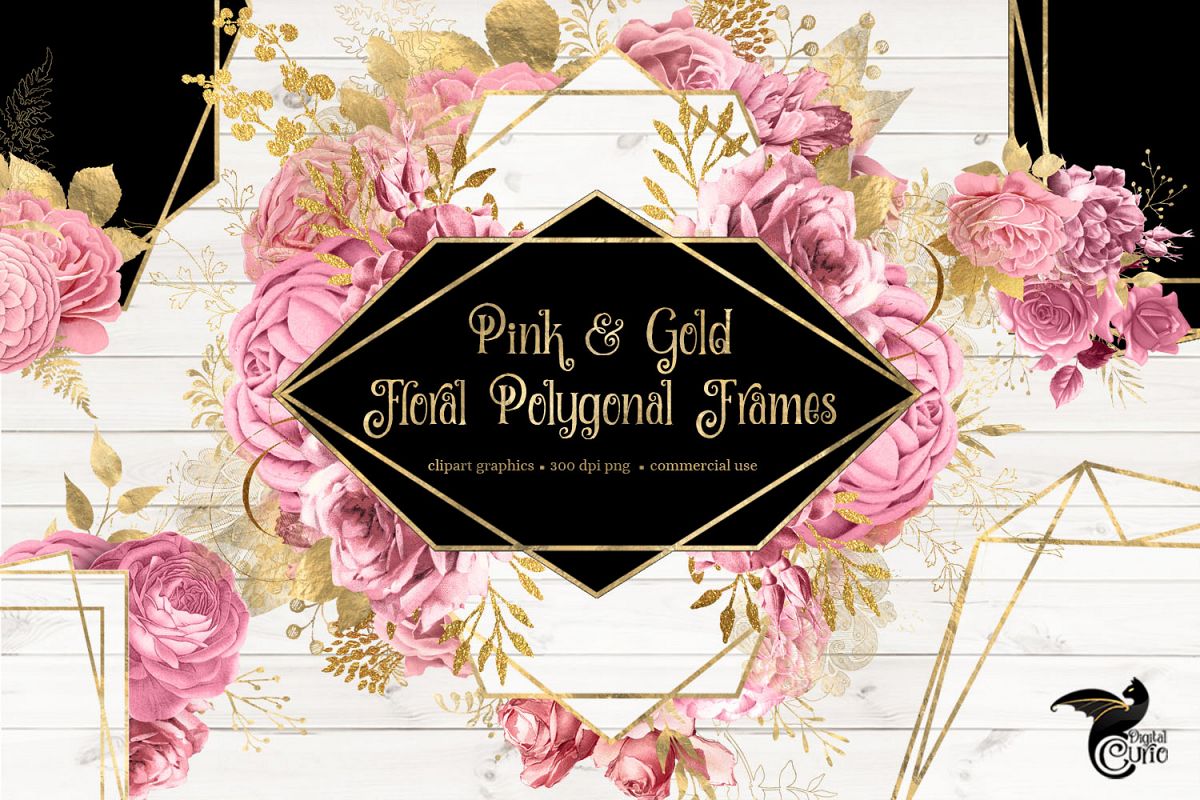 Pink and Gold Floral Polygonal Frames Clipart example image 1