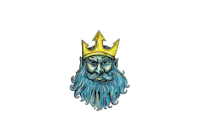Neptune Trident Crown Head Woodcut example image 1