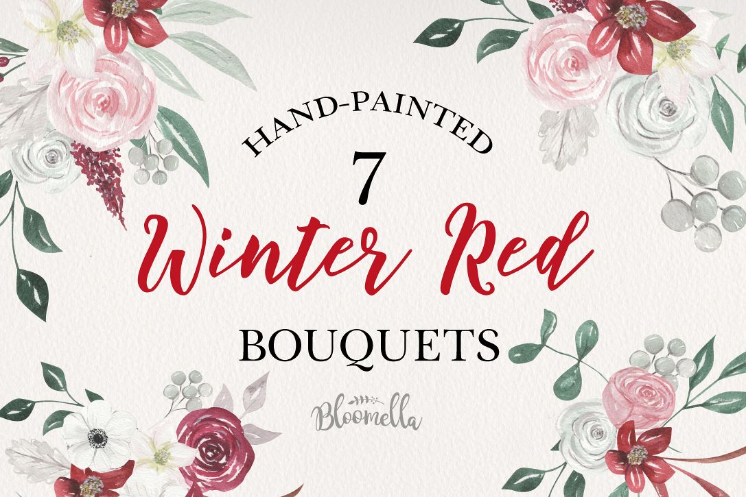 Winter Red Flowers 7 Bouquets Watercolor Florals Festive example image 1
