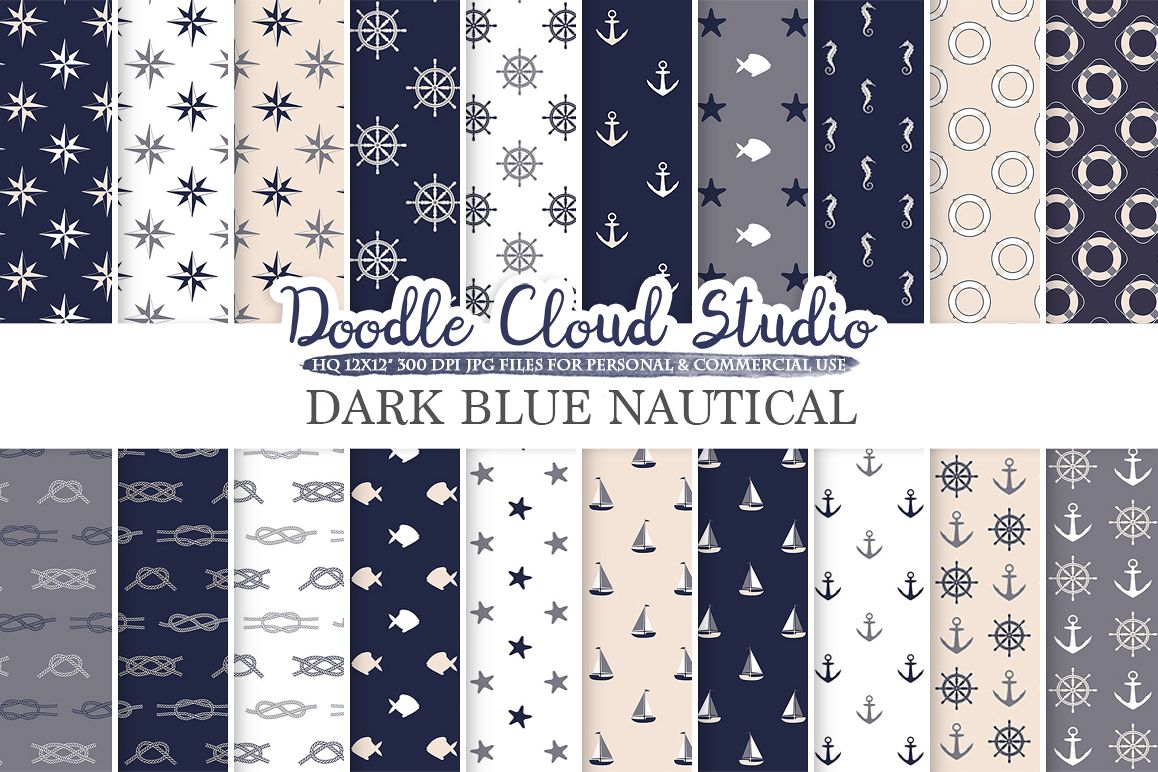 Dark Navy Blue Cream Gray Nautical digital paper, Seal patterns Ocean Steering wheel Sea Waves Anchors backgrounds Personal & Commercial Use example image 1